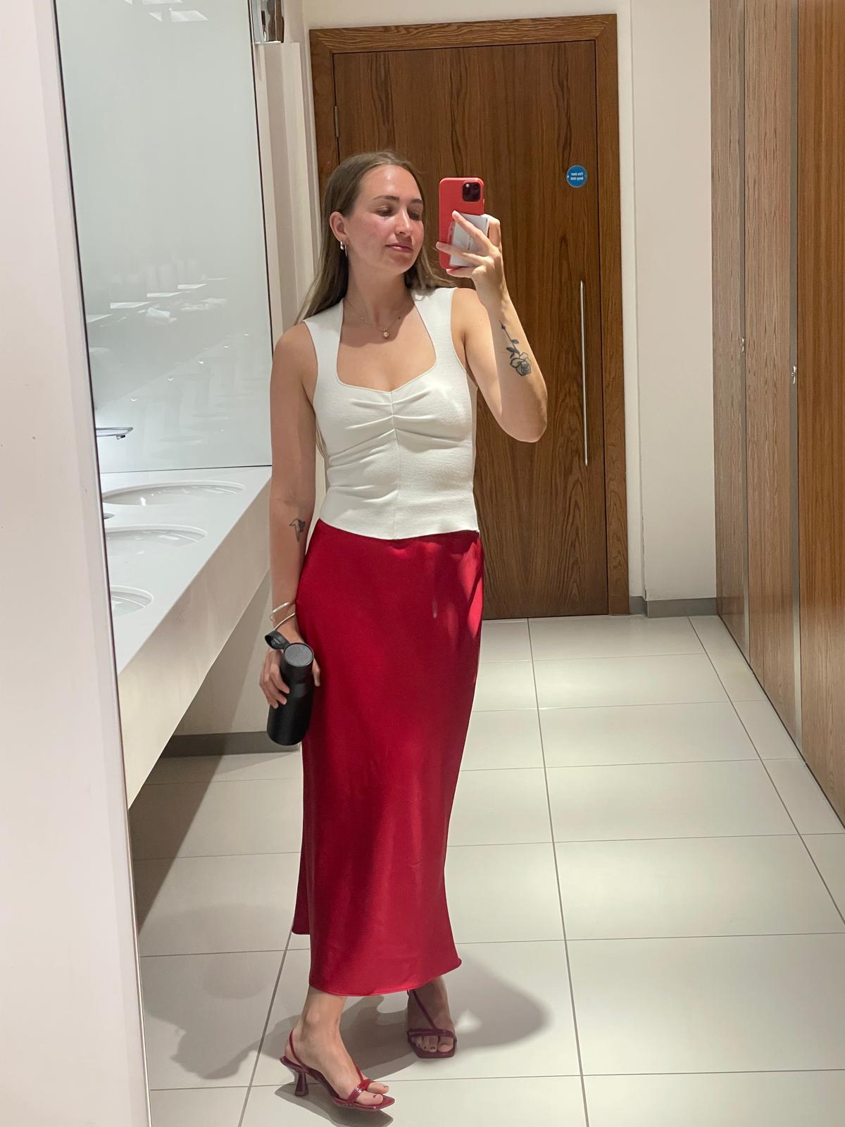 Red Satin Midi Slip Skirt – Elegant & Silky, Great for Evenings