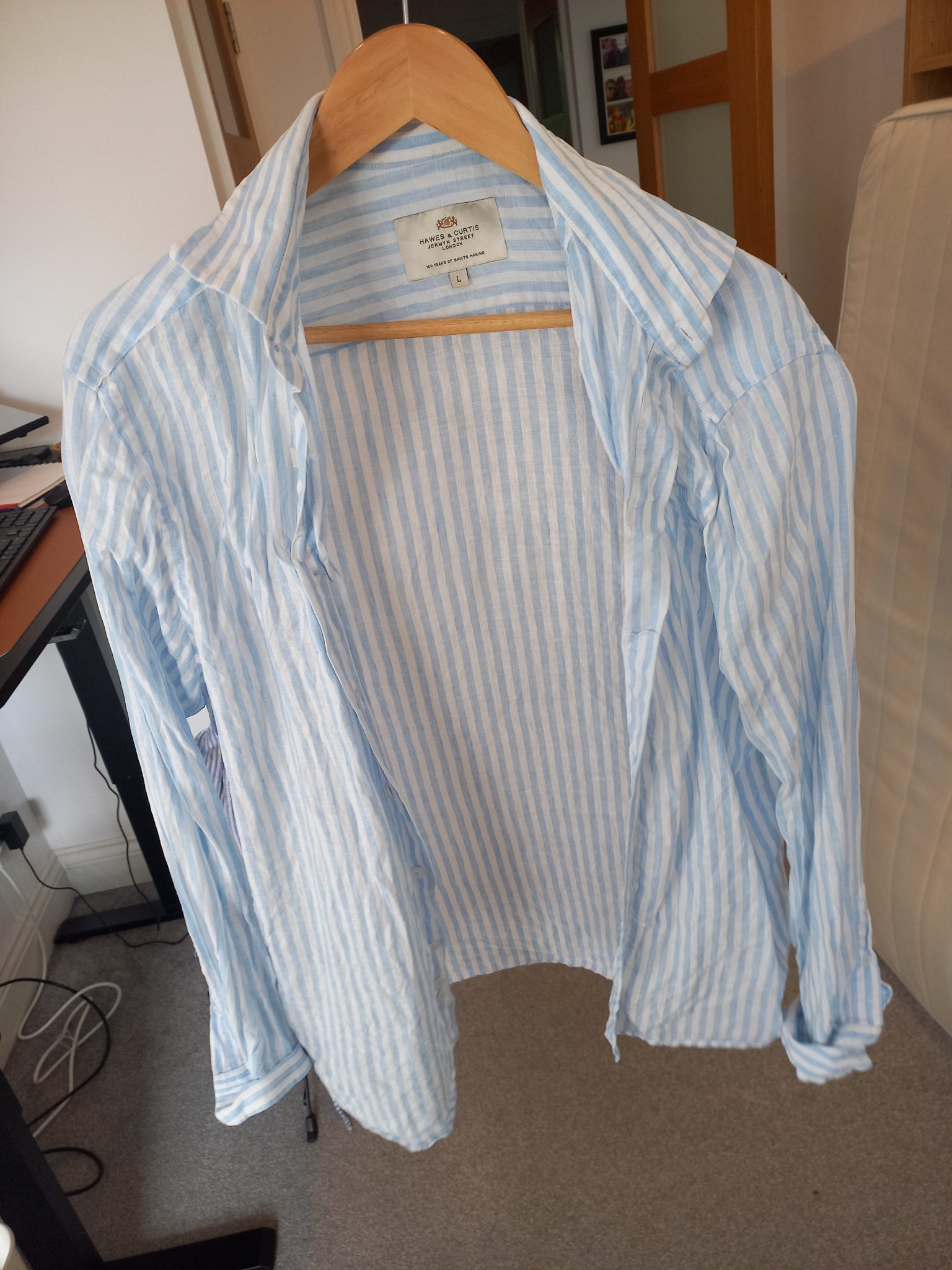Hawes & Curtis Jermyn Street Linen Stripe Shirt Blue/White Size L